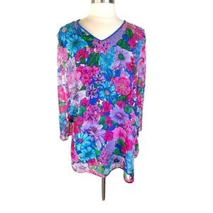 Art To Wear Fairy Floral Colorful Women’s Tunic Top Large Beaded Sequin Bright
